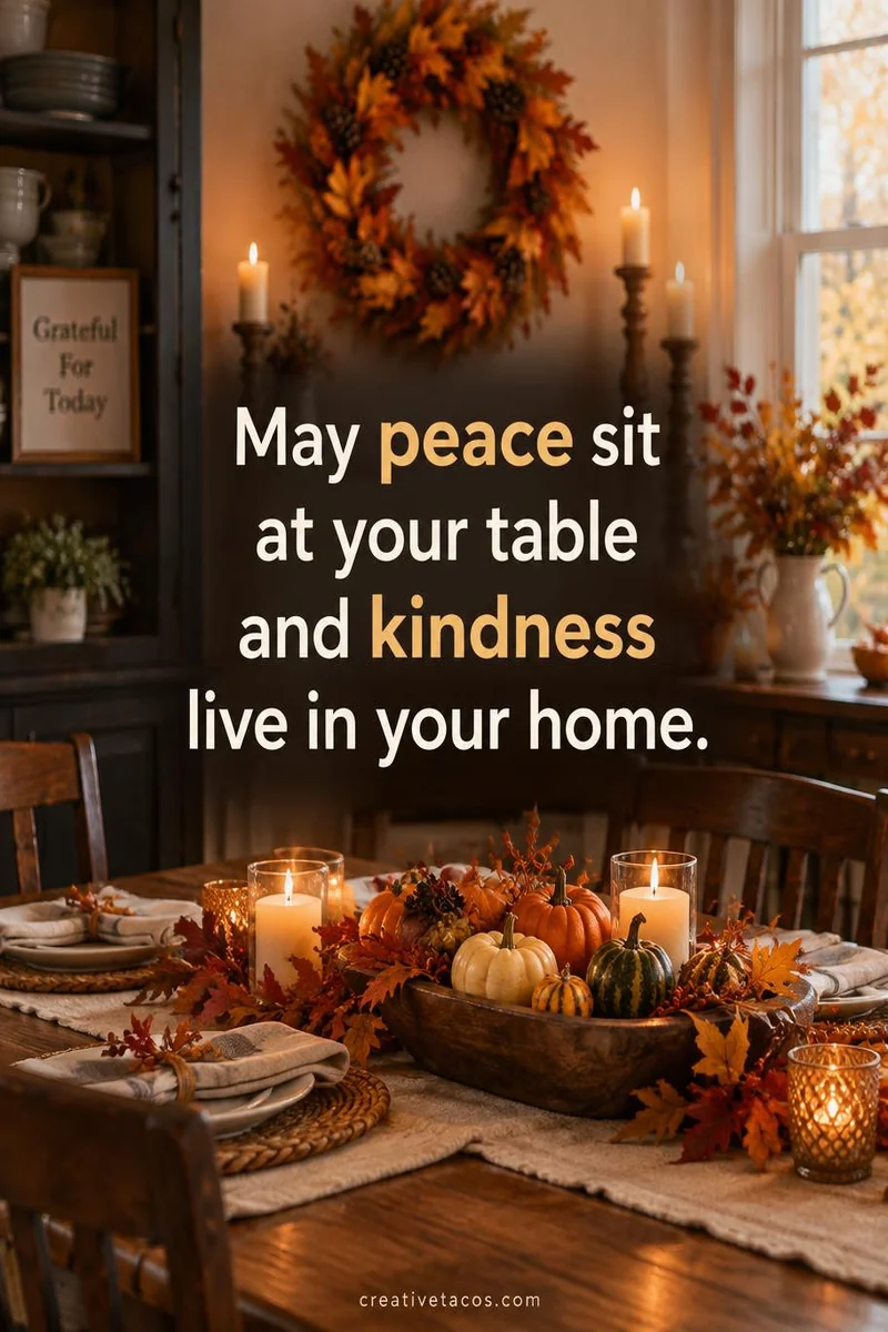 Quote card: May peace sit at your table and kindness live in your home.