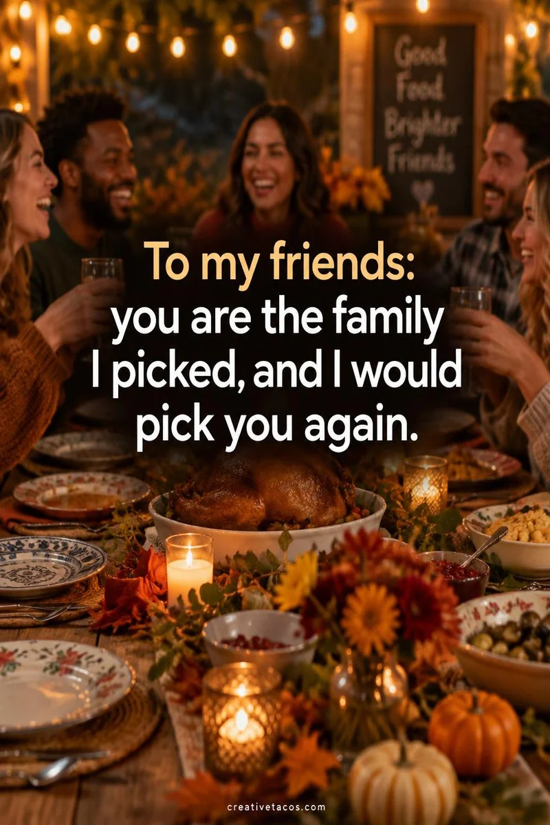 Quote card: To my friends: you are the family I picked, and I would pick you again.