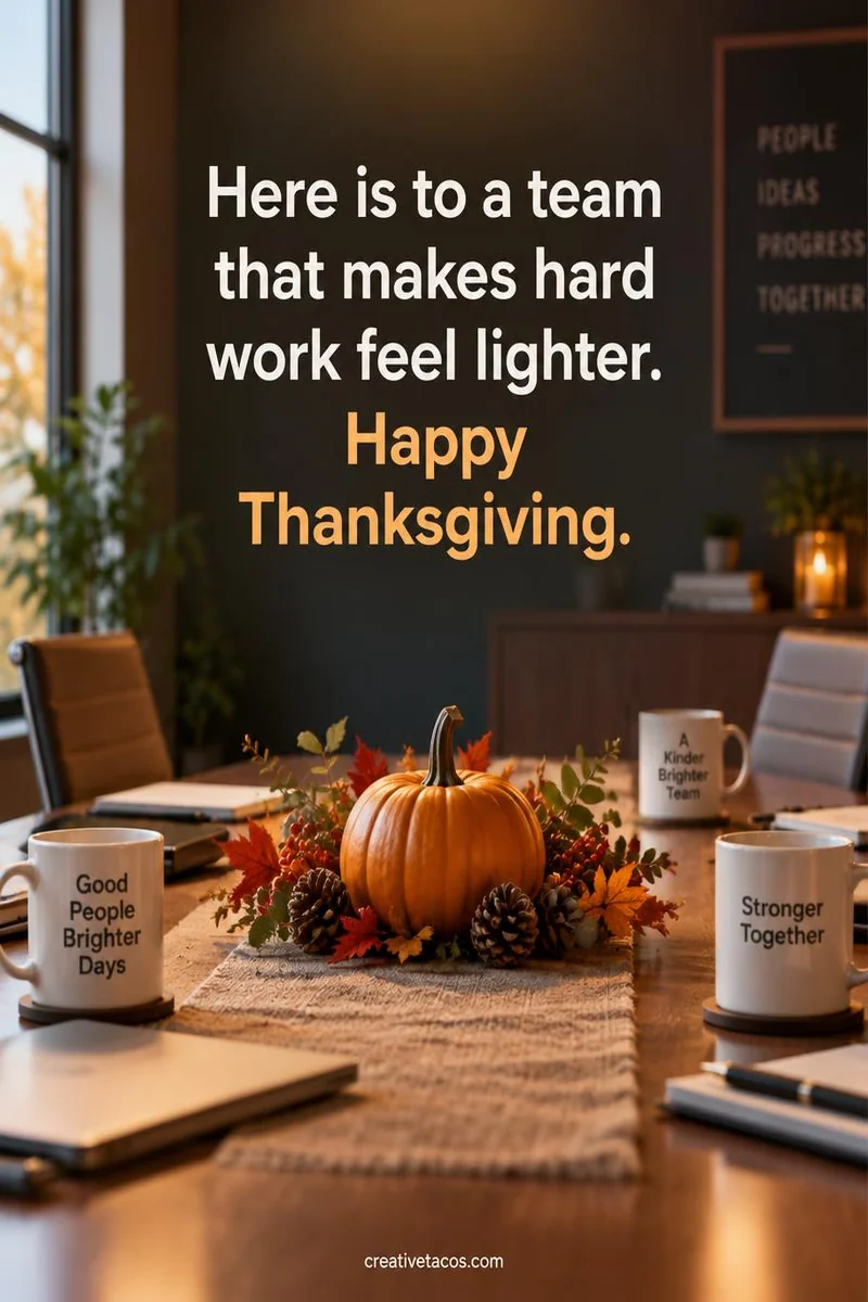 Quote card: Here is to a team that makes hard work feel lighter. Happy Thanksgiving.