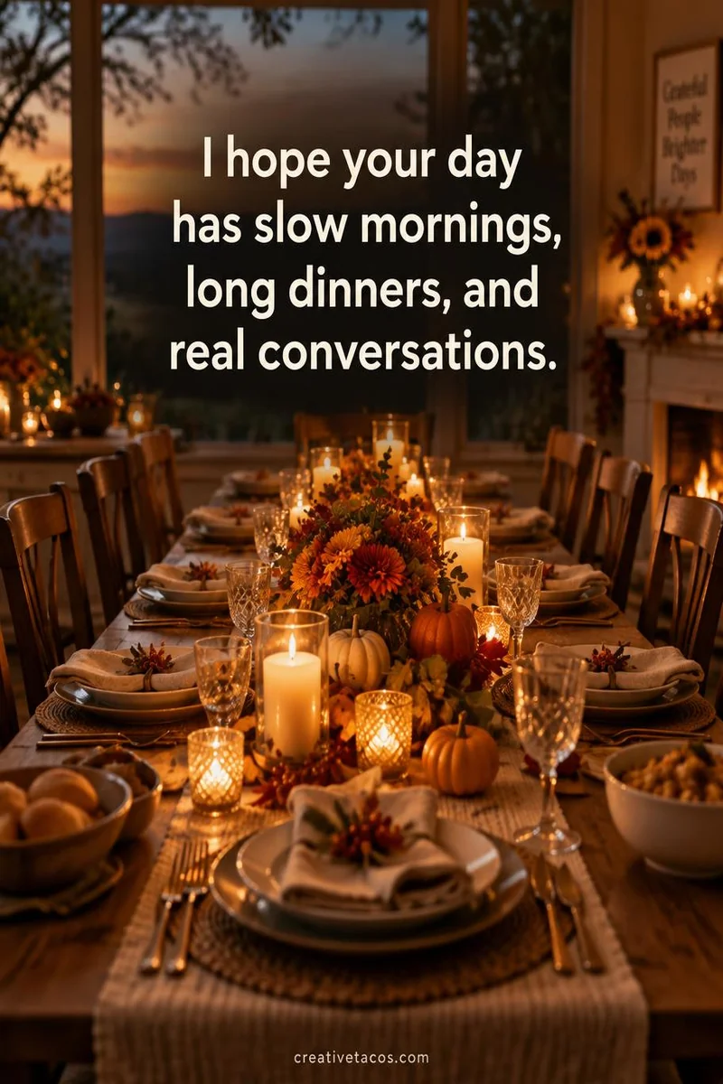Quote card: I hope your day has slow mornings, long dinners, and real conversations.