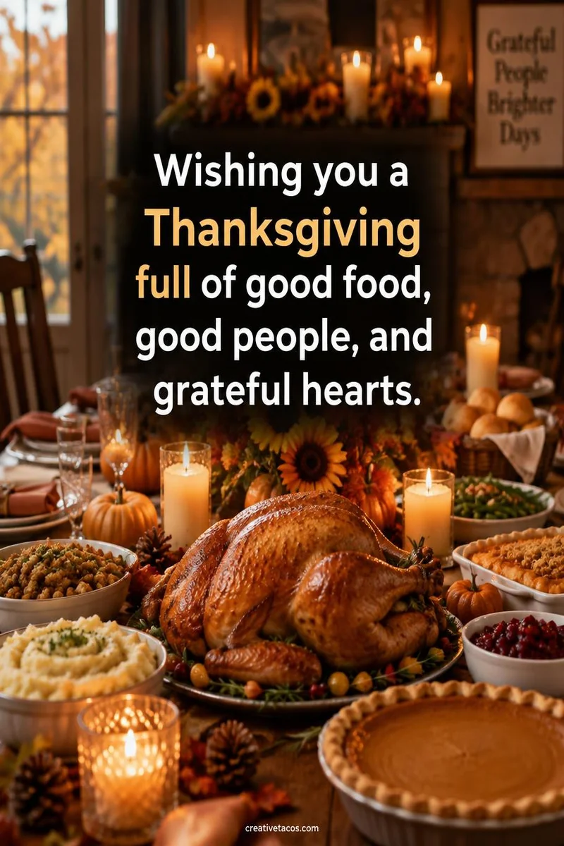 Quote card: Wishing you a Thanksgiving full of good food, good people, and grateful hearts.