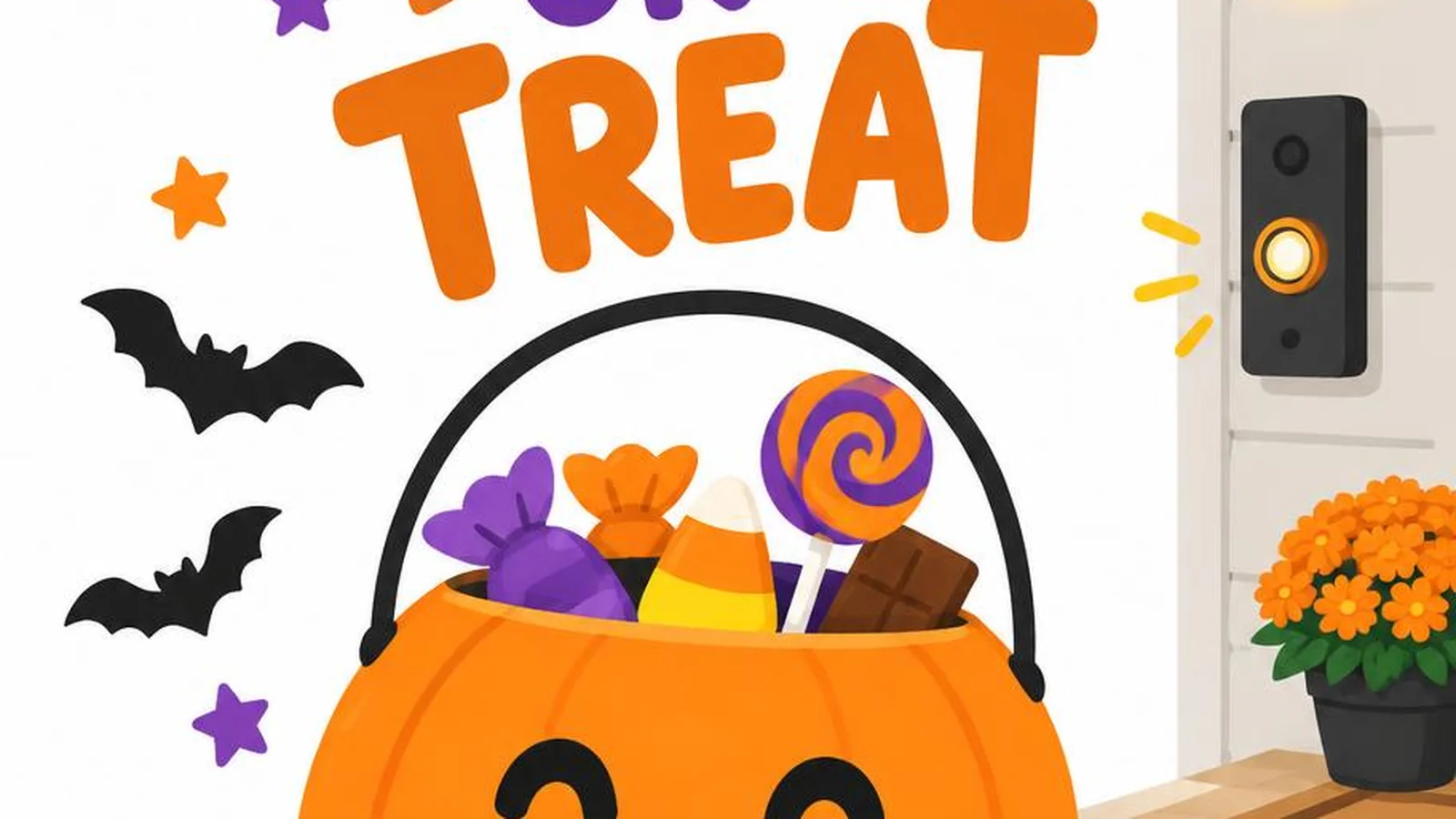Clean illustration of a pumpkin candy bucket and porch treats on a white background for trick or treat captions.