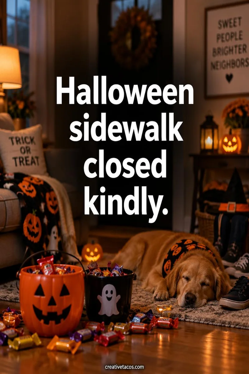 Quote card: Halloween sidewalk closed kindly.