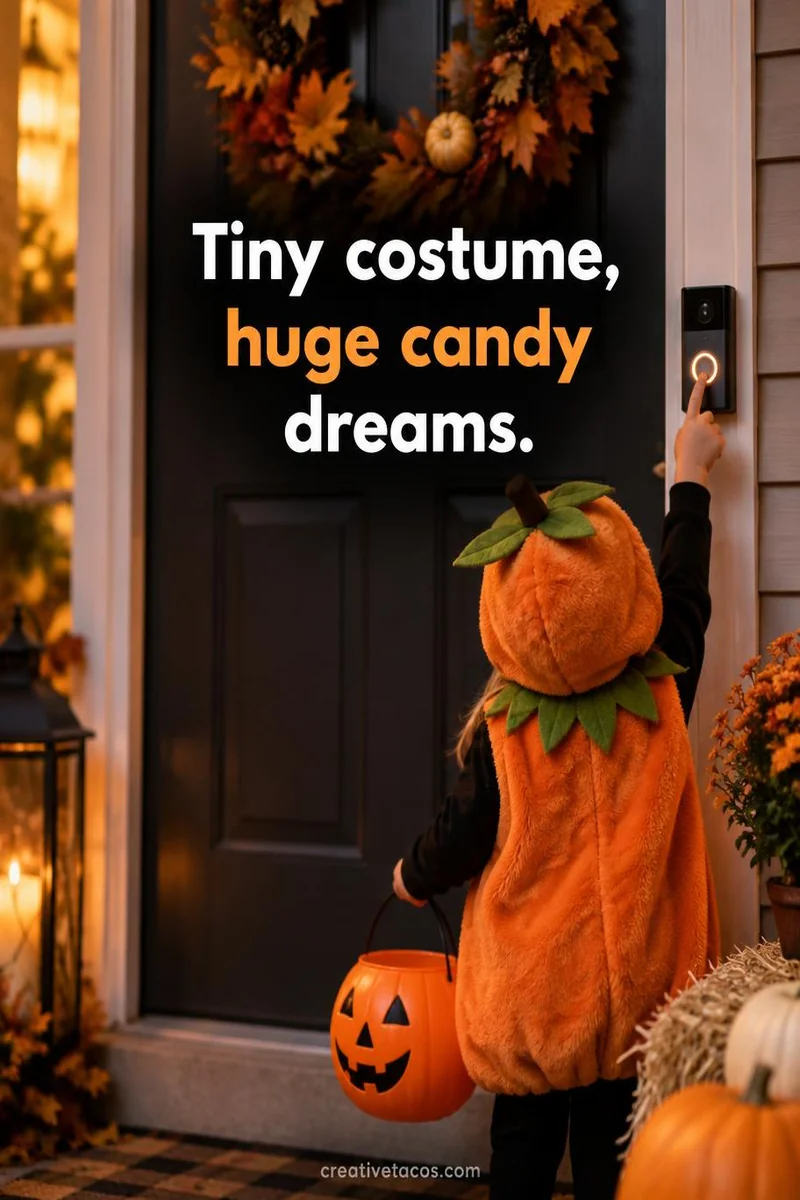 Quote card: Tiny costume, huge candy dreams.