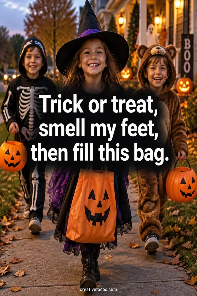 Quote card: Trick or treat, smell my feet, then fill this bag.