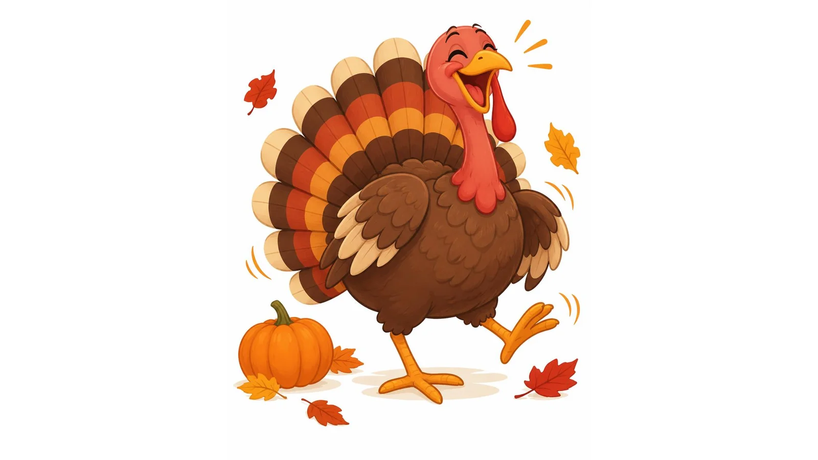 Illustration of a laughing cartoon turkey with colorful tail feathers, autumn leaves, and a small pumpkin on a white background for turkey jokes.