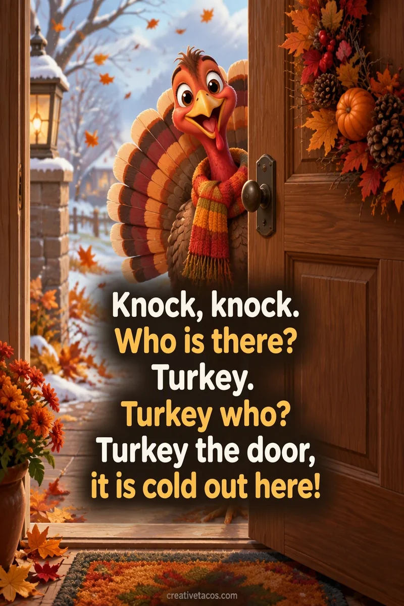 Quote card: Knock, knock. Who is there? Turkey. Turkey who? Turkey the door, it is cold out here!