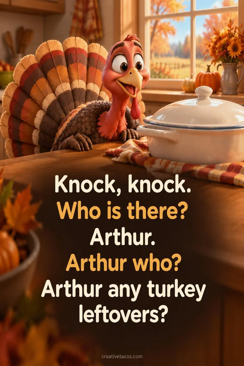 Quote card: Knock, knock. Who is there? Arthur. Arthur who? Arthur any turkey leftovers?