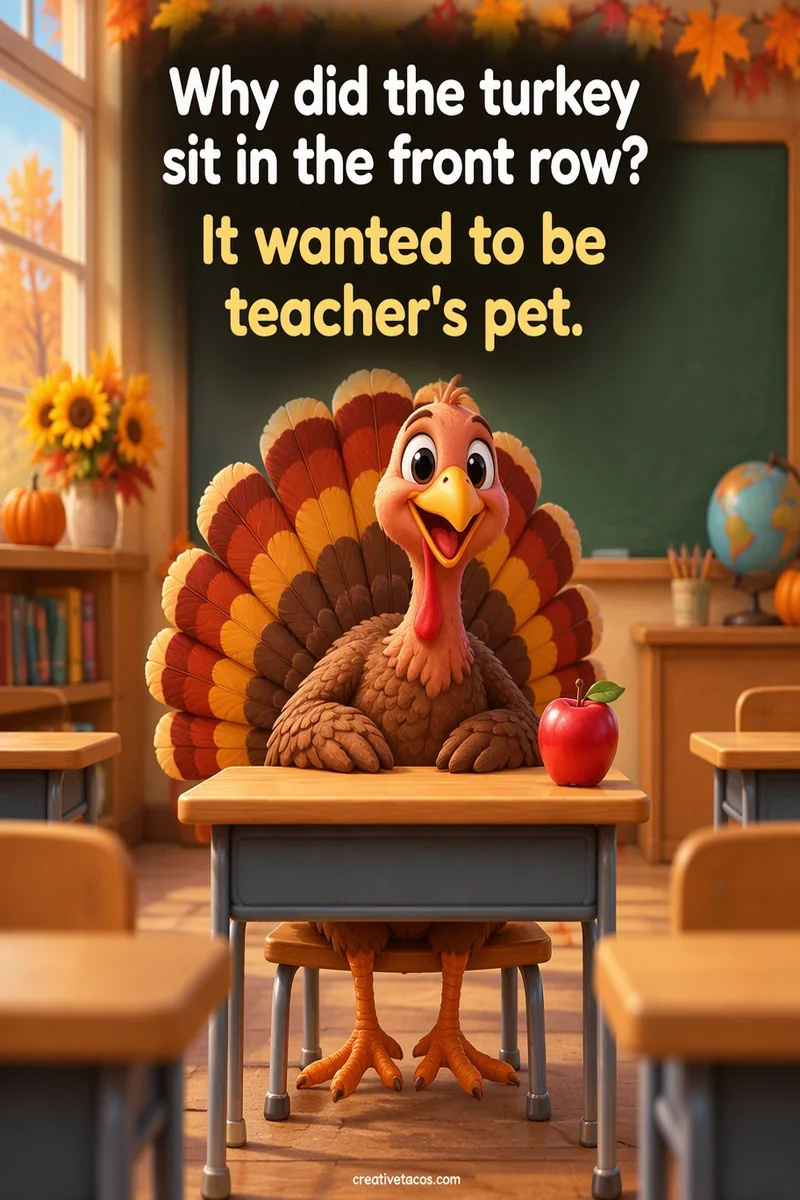Quote card: Why did the turkey sit in the front row? It wanted to be teacher's pet.