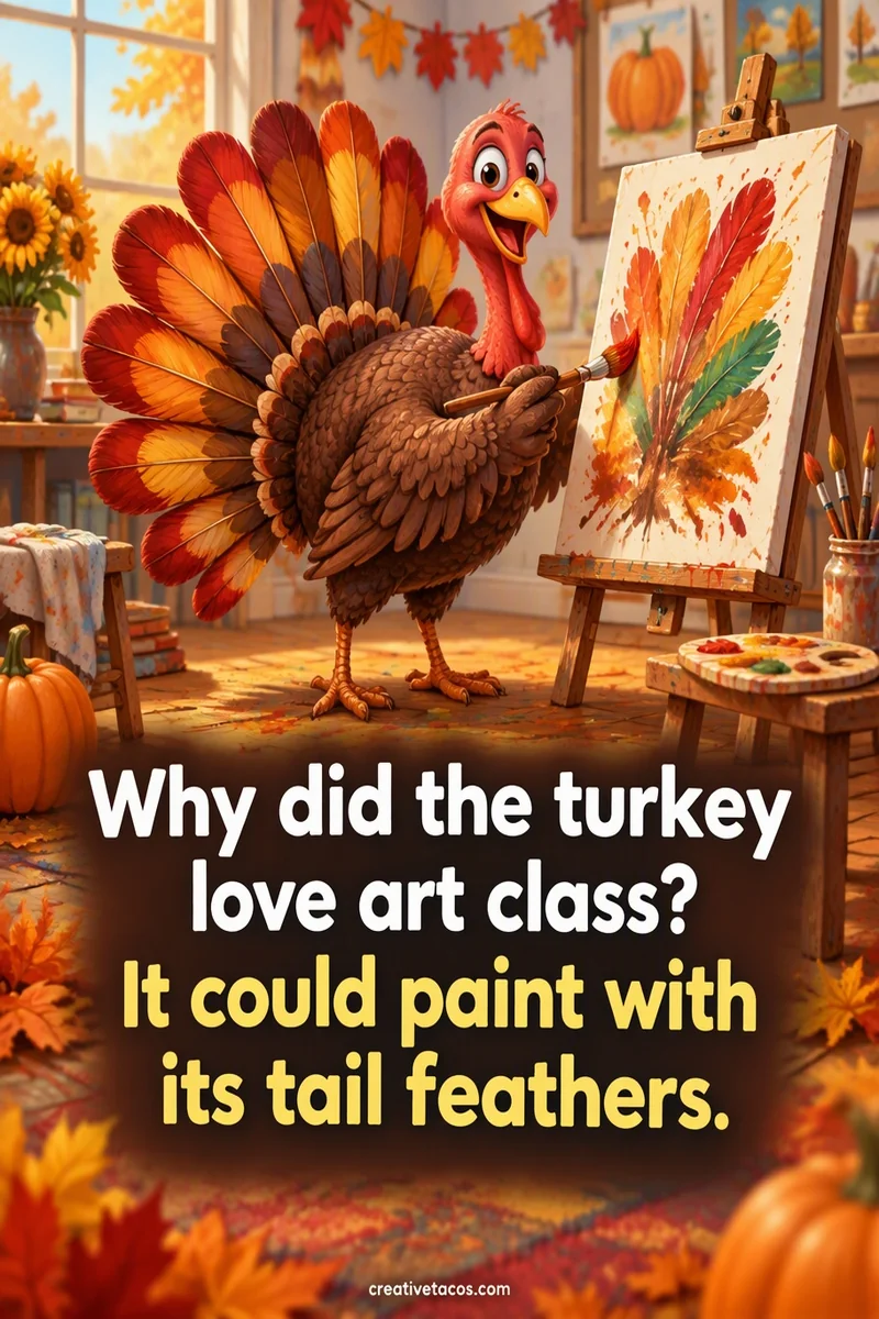 Quote card: Why did the turkey love art class? It could paint with its tail feathers.