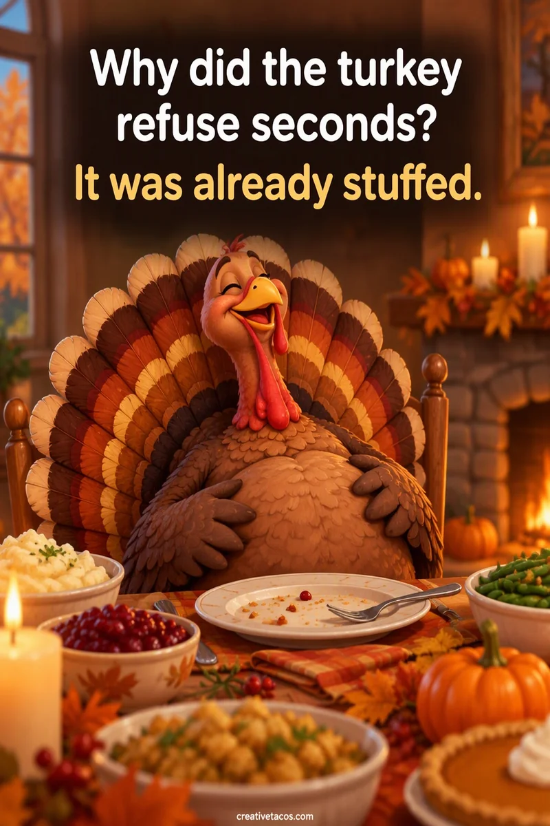 Quote card: Why did the turkey refuse seconds? It was already stuffed.