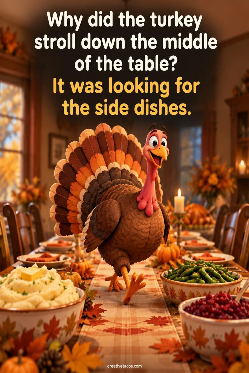 Quote card: Why did the turkey stroll down the middle of the table? It was looking for the side dishes.