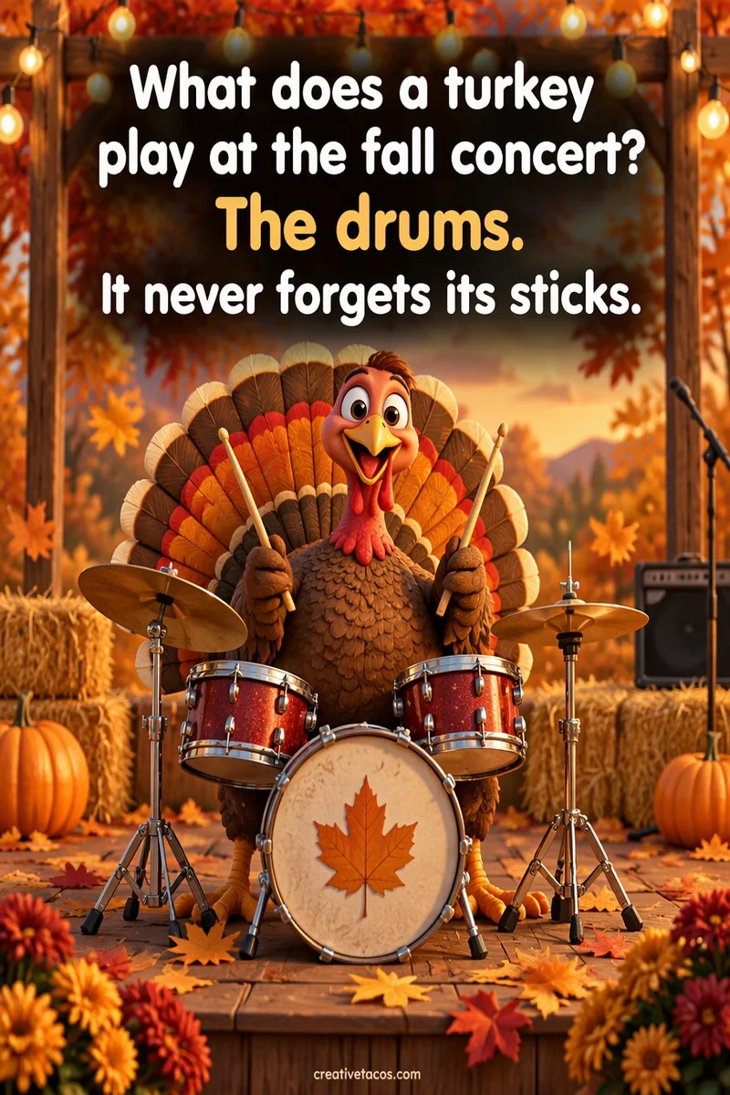 Quote card: What does a turkey play at the fall concert? The drums. It never forgets its sticks.