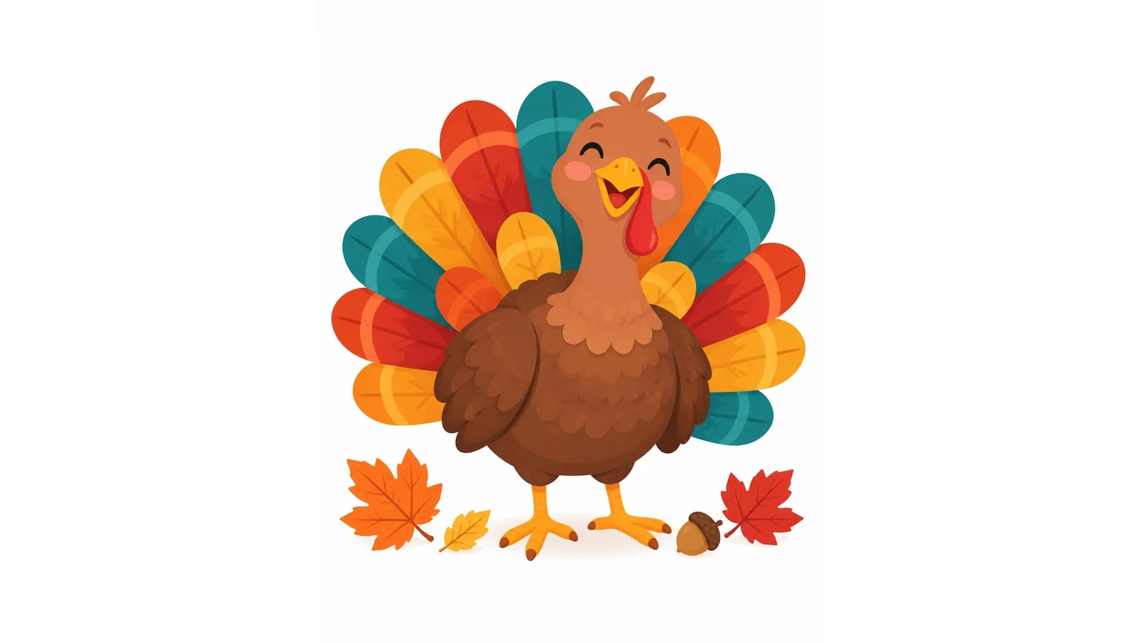 Illustration of a cute smiling turkey with colorful tail feathers and autumn leaves on a white background for turkey puns.