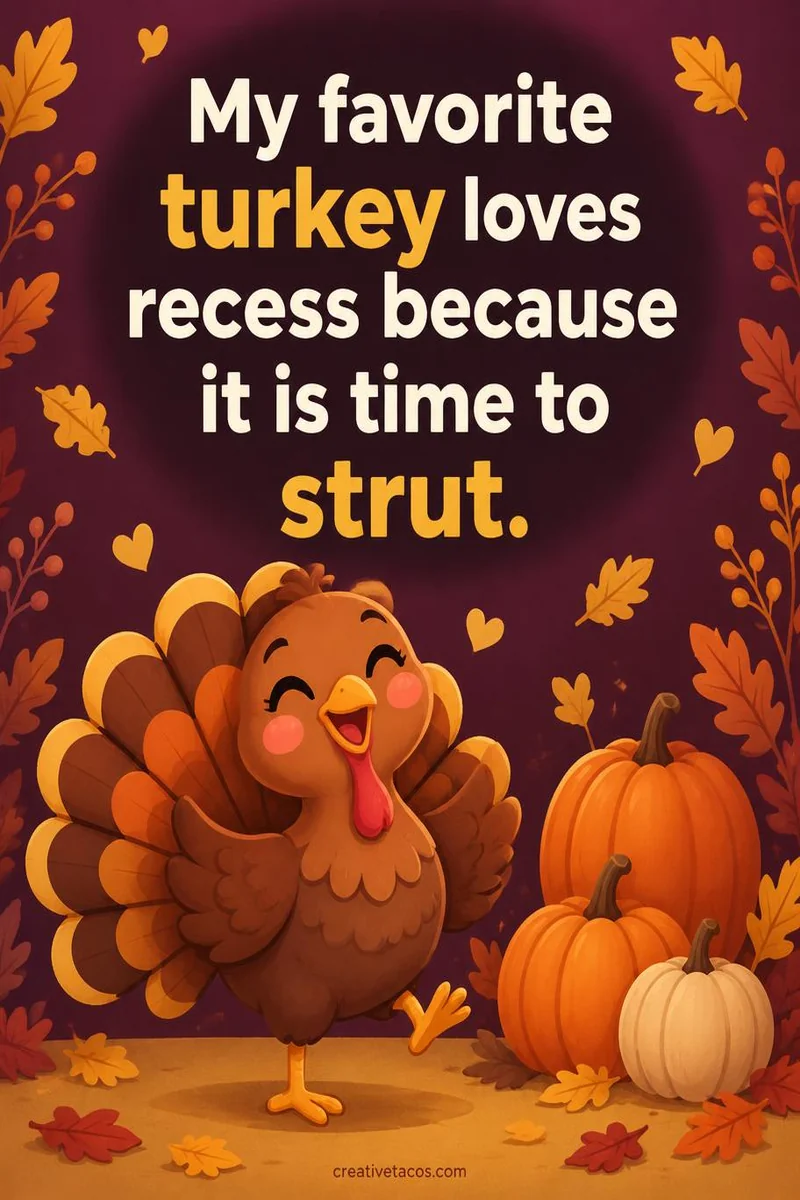 Quote card: My favorite turkey loves recess because it is time to strut.