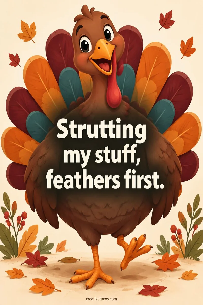 Quote card: Strutting my stuff, feathers first.