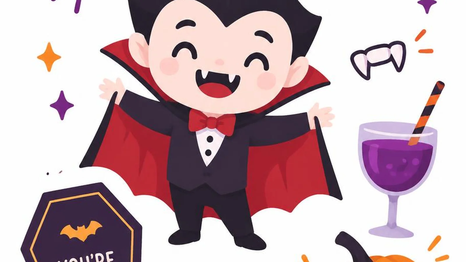Clean illustration of a friendly cape and candy on a white background for vampire puns.