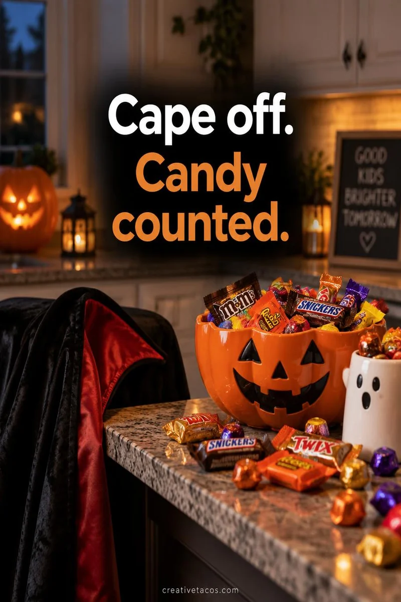 Quote card: Cape off. Candy counted.