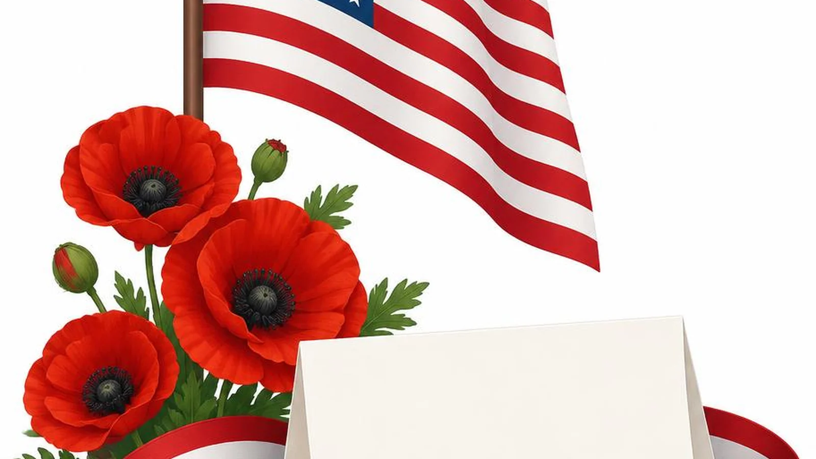 Illustration of an American flag, red poppies, a red, white, and blue ribbon, and a blank thank-you card on a white background for Veterans Day messages.