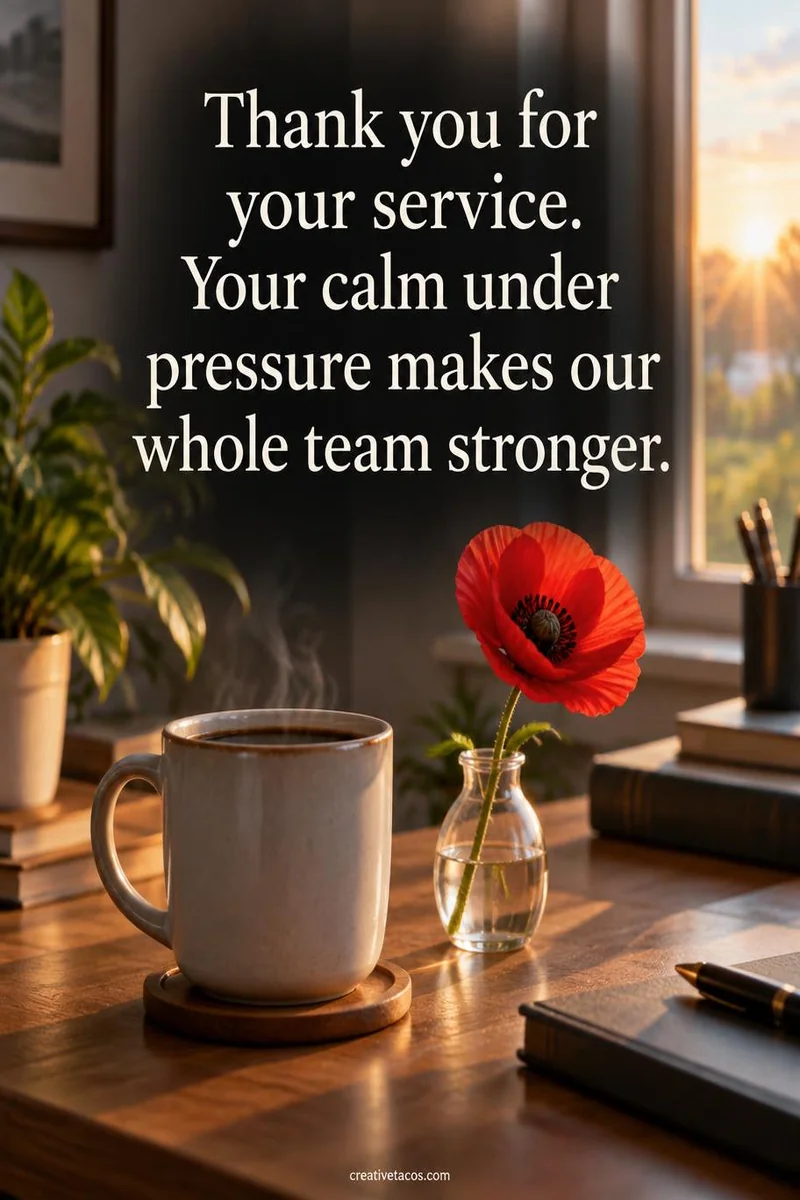 Quote card: Thank you for your service. Your calm under pressure makes our whole team stronger.