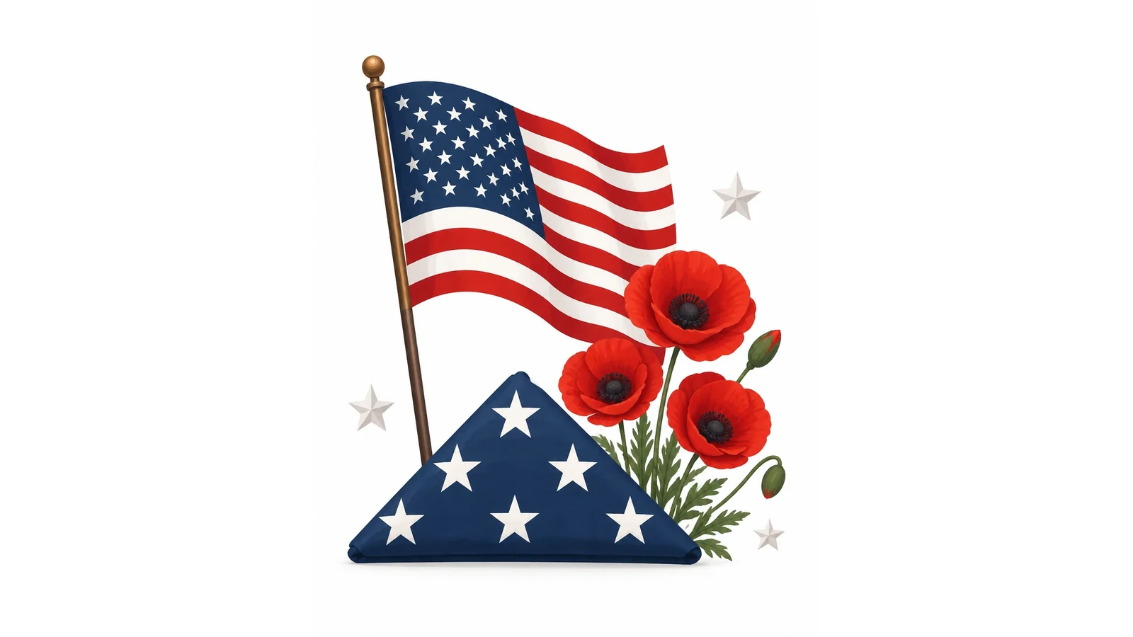 Illustration of a waving American flag, a folded flag, and red poppies on a white background for Veterans Day quotes.
