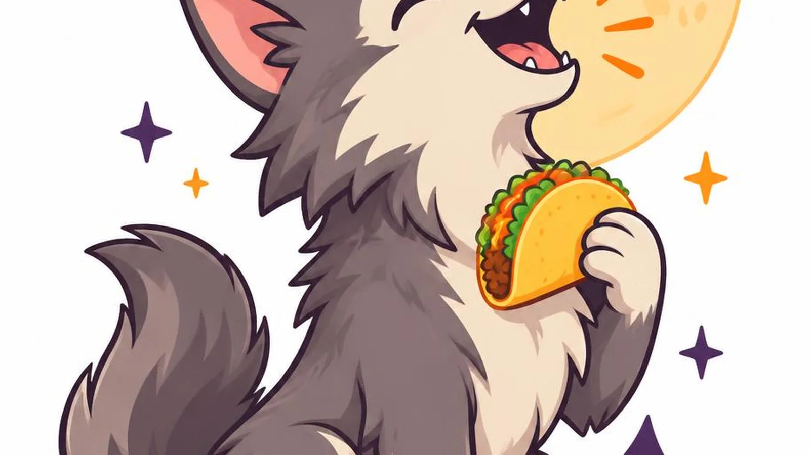 Clean illustration of a friendly cartoon wolf and full moon on a white background for werewolf puns.