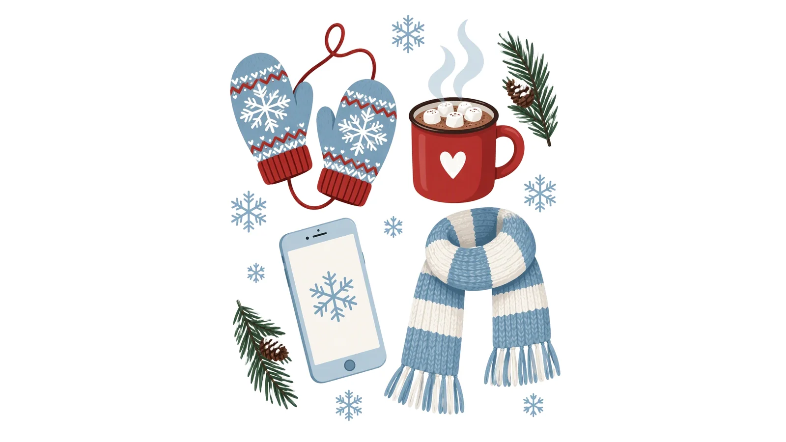 Illustration of knitted mittens, a cocoa mug, a phone with a snowflake, and a striped scarf on a white background for winter captions.