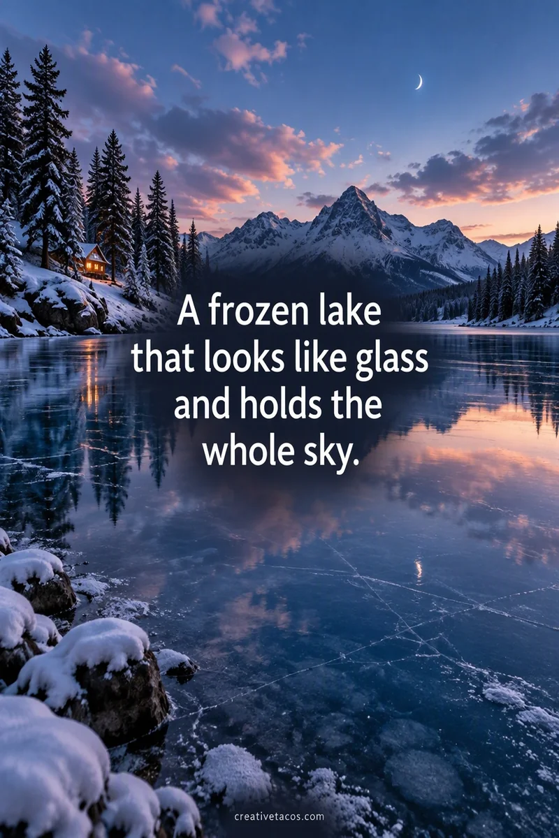 Quote card: A frozen lake that looks like glass and holds the whole sky.