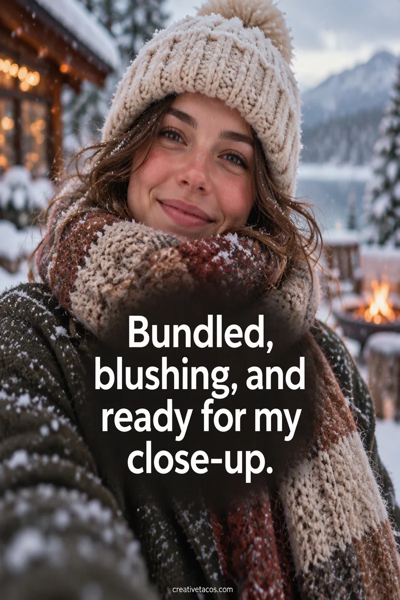 Quote card: Bundled, blushing, and ready for my close-up.