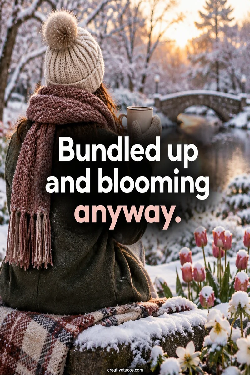 Quote card: Bundled up and blooming anyway.