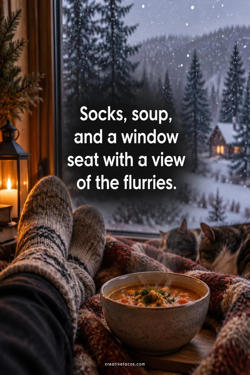 Quote card: Socks, soup, and a window seat with a view of the flurries.