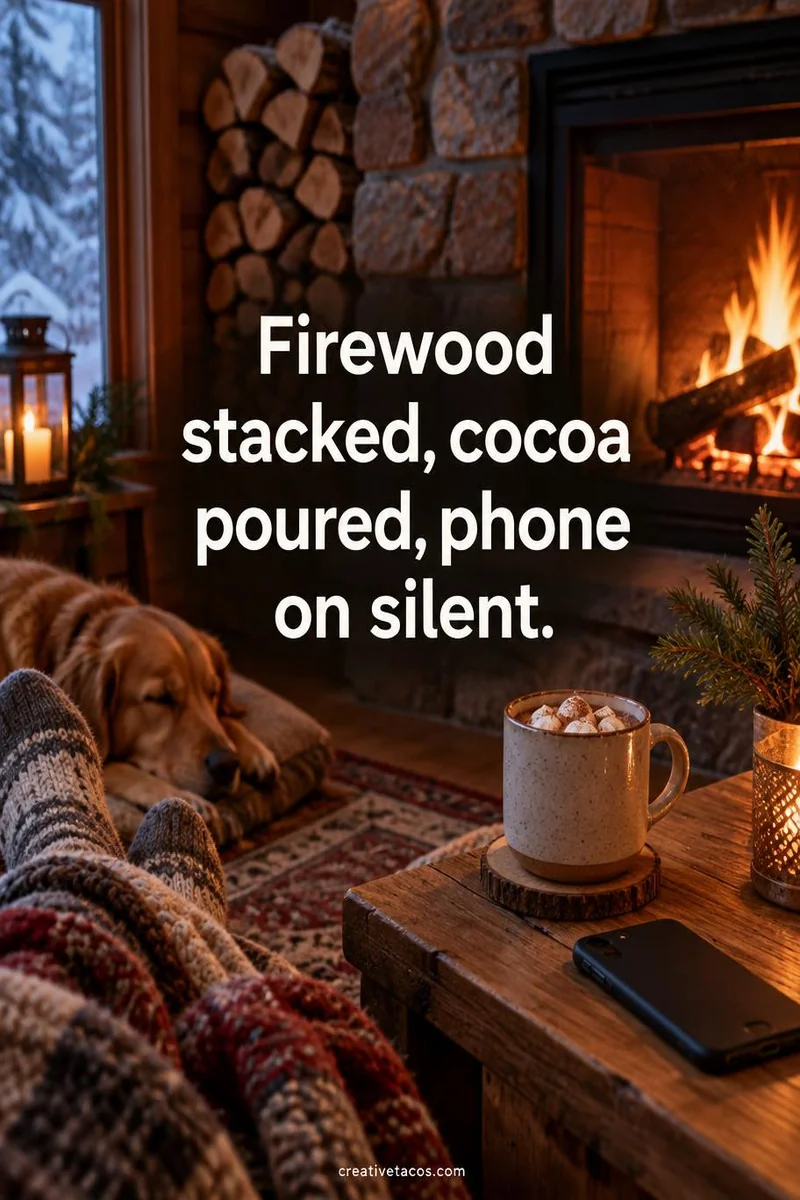 Quote card: Firewood stacked, cocoa poured, phone on silent.