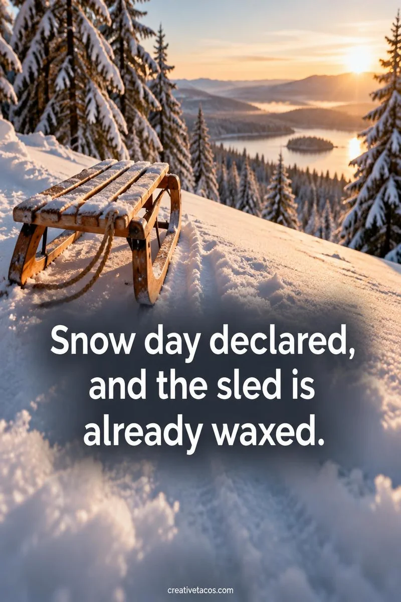 Quote card: Snow day declared, and the sled is already waxed.