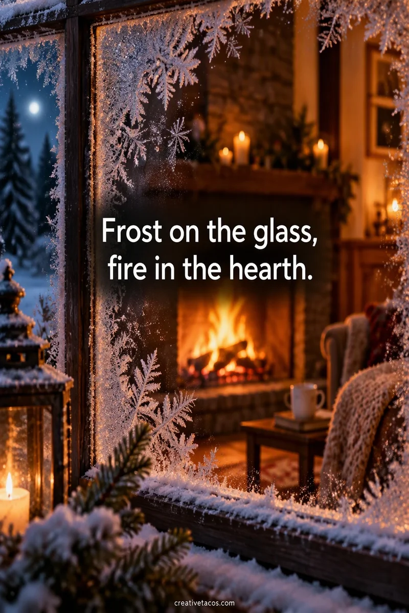 Quote card: Frost on the glass, fire in the hearth.
