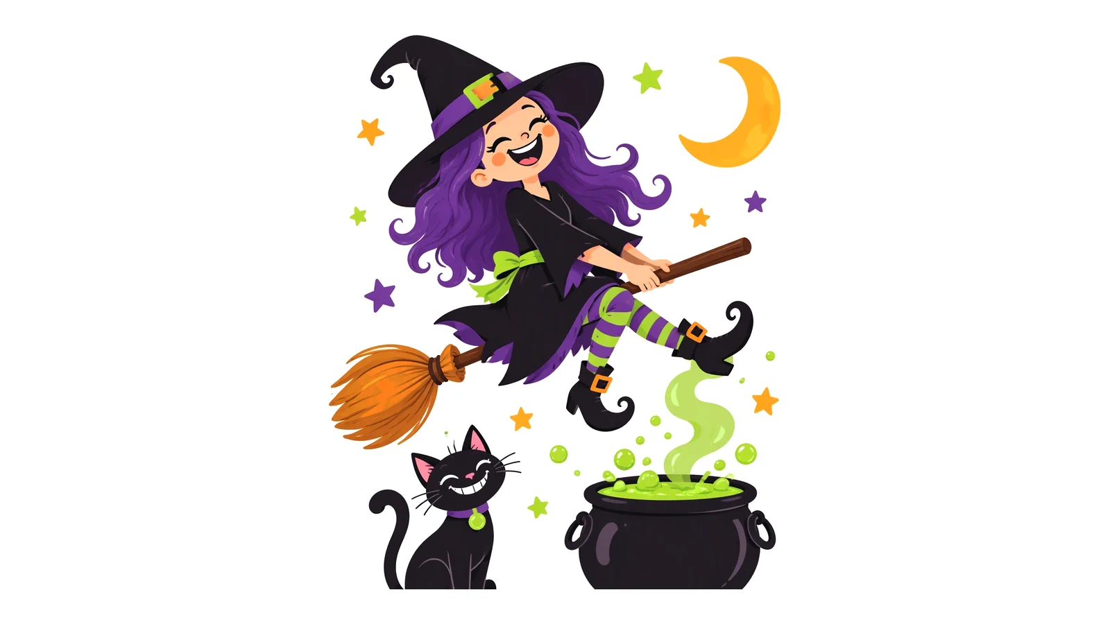 Clean illustration of a laughing cartoon witch on a broomstick with a cauldron and a black cat on a white background for witch jokes.
