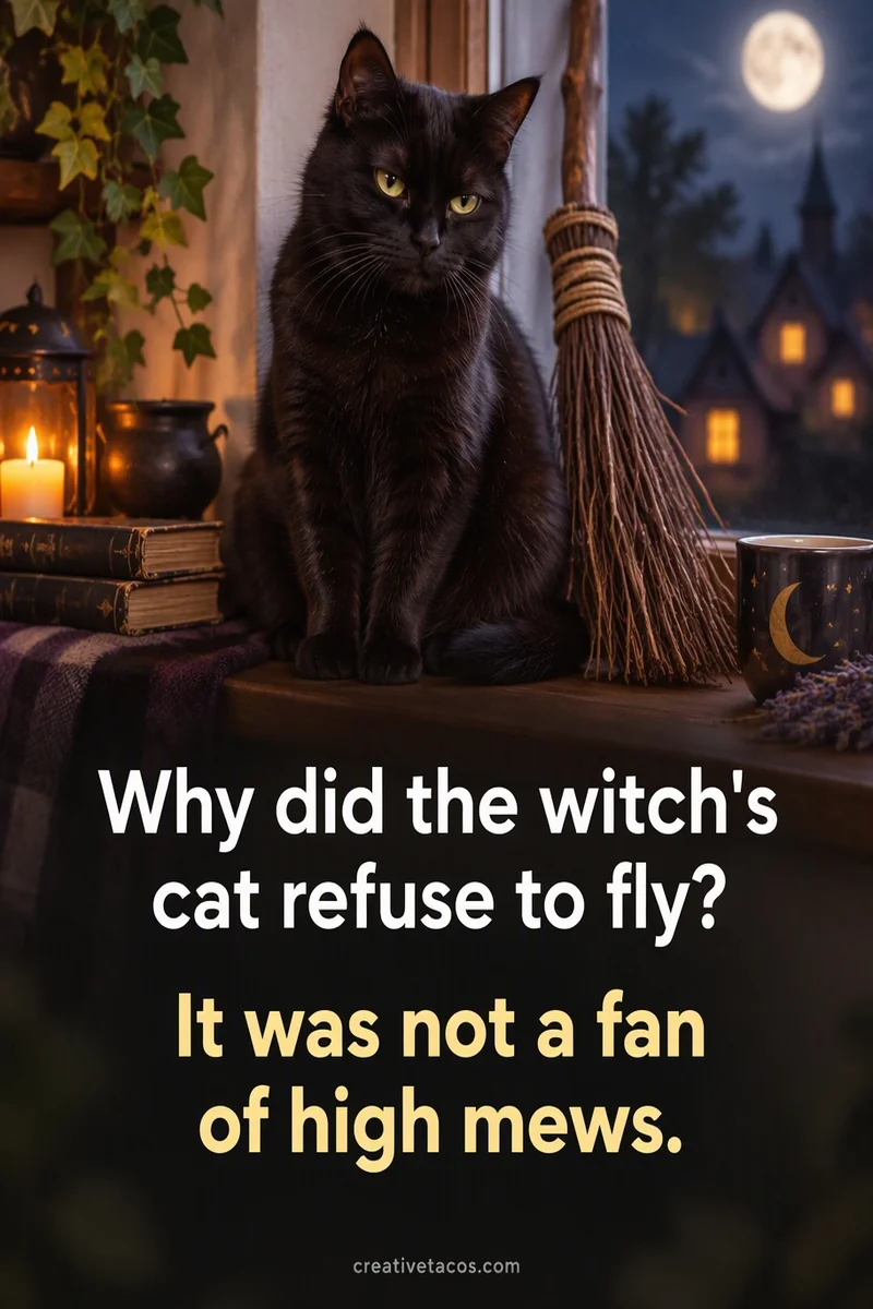 Quote card: Why did the witch's cat refuse to fly? It was not a fan of high mews.