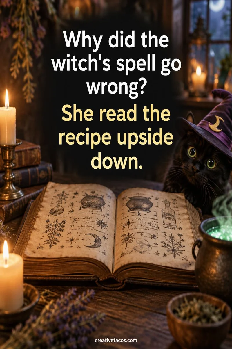 Quote card: Why did the witch's spell go wrong? She read the recipe upside down.