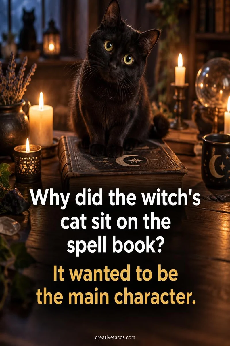 Quote card: Why did the witch's cat sit on the spell book? It wanted to be the main character.