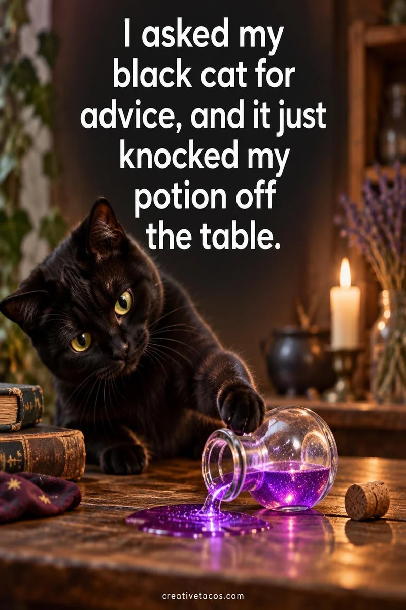 Quote card: I asked my black cat for advice, and it just knocked my potion off the table.