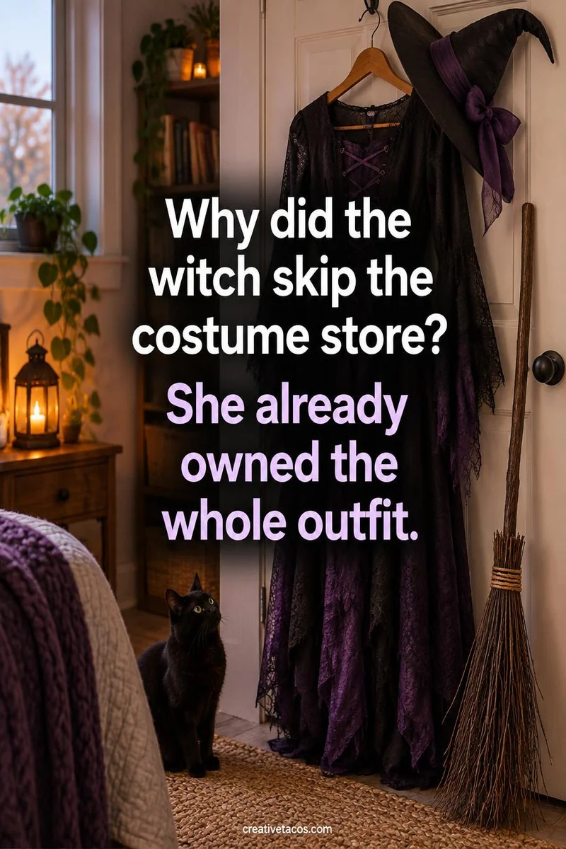Quote card: Why did the witch skip the costume store? She already owned the whole outfit.