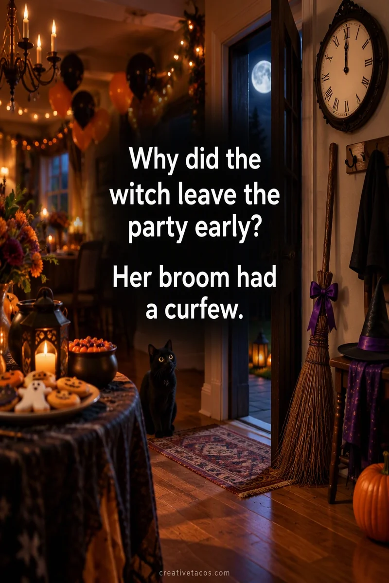 Quote card: Why did the witch leave the party early? Her broom had a curfew.