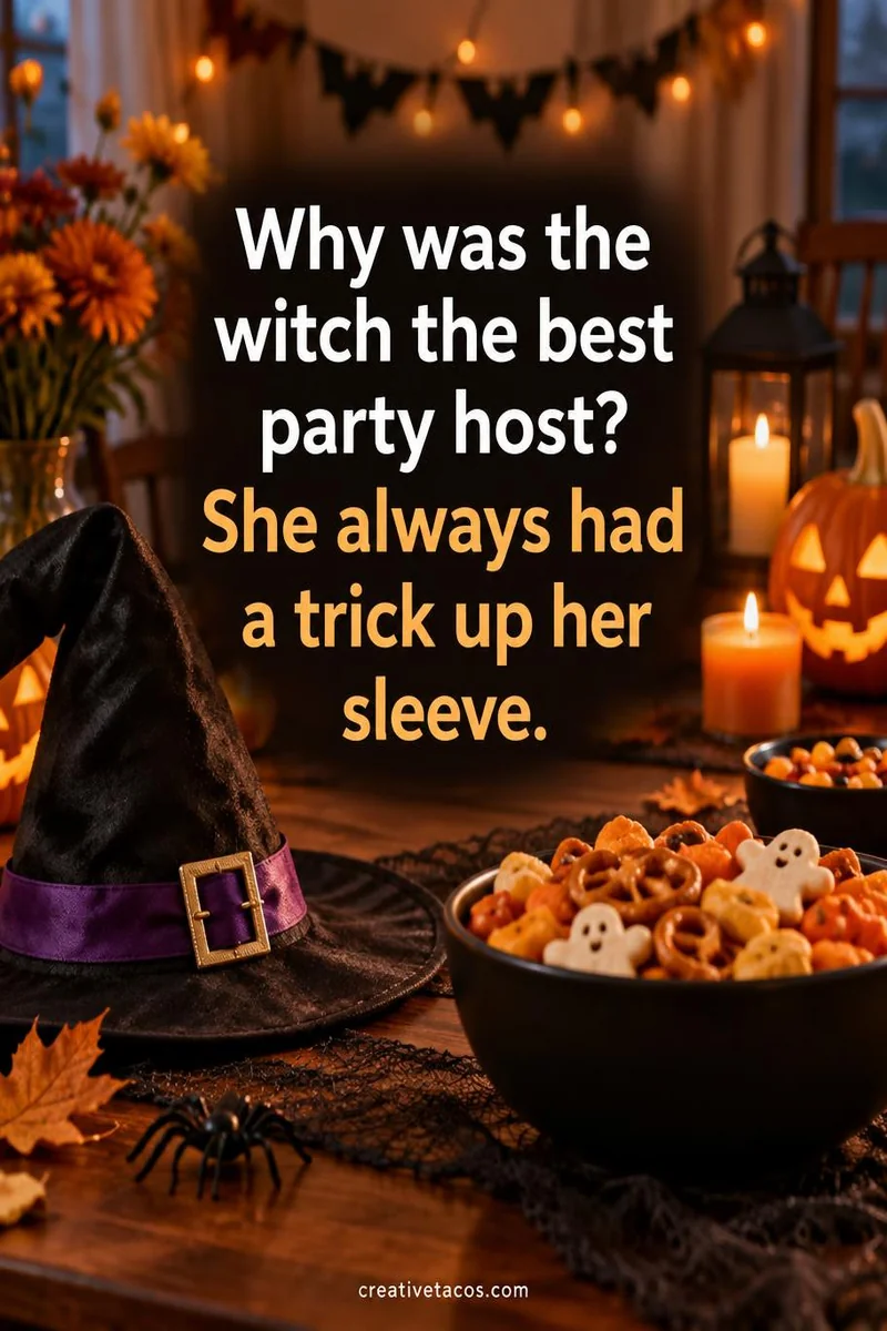 Quote card: Why was the witch the best party host? She always had a trick up her sleeve.
