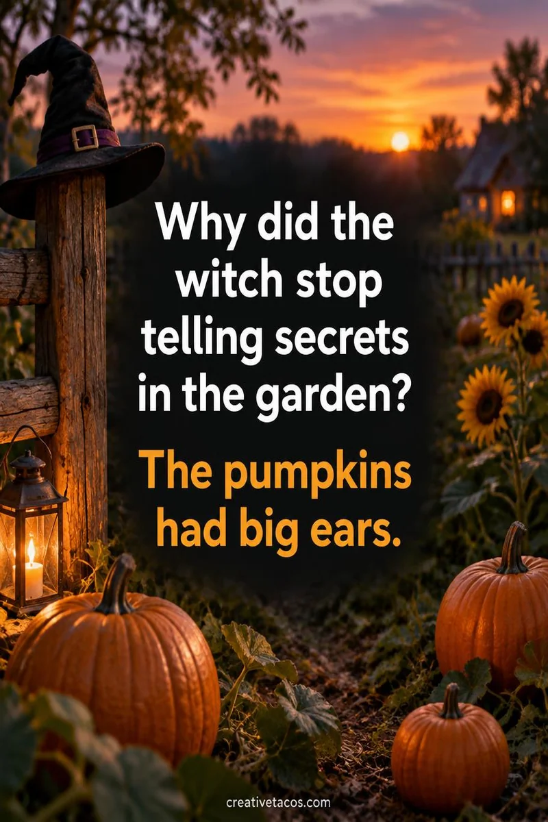 Quote card: Why did the witch stop telling secrets in the garden? The pumpkins had big ears.