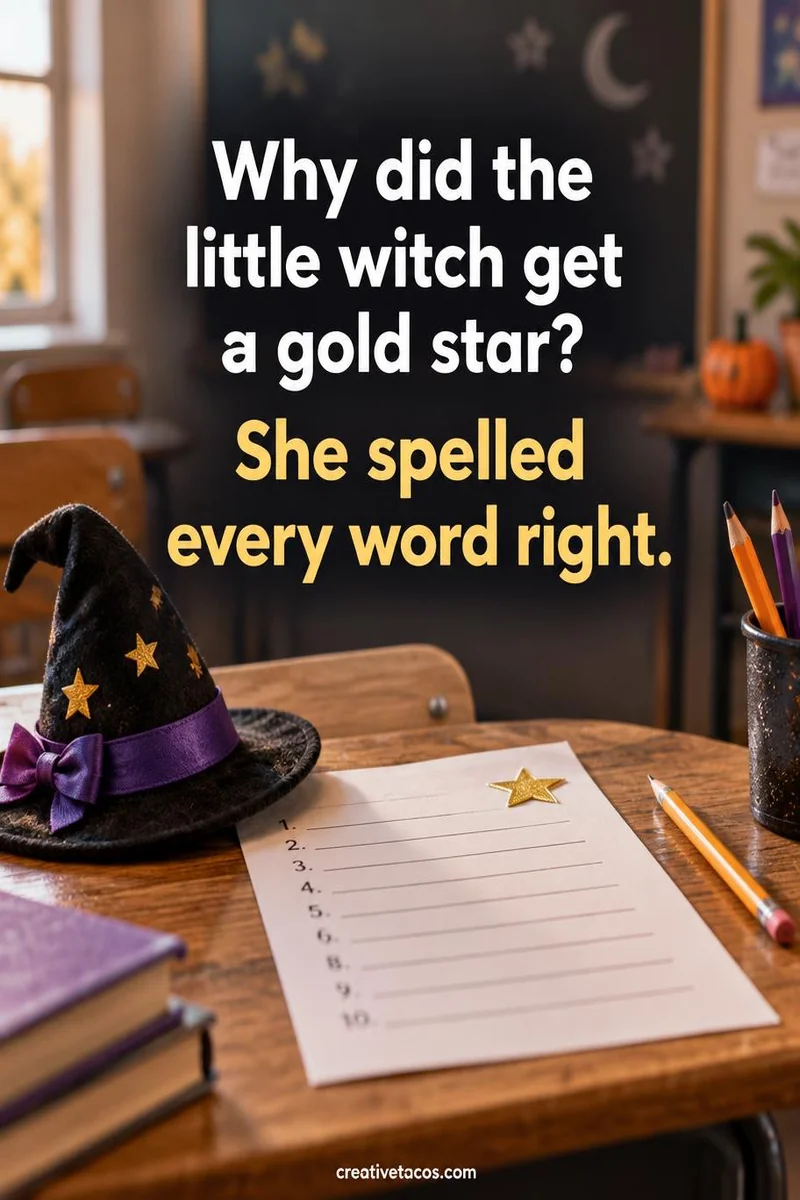 Quote card: Why did the little witch get a gold star? She spelled every word right.