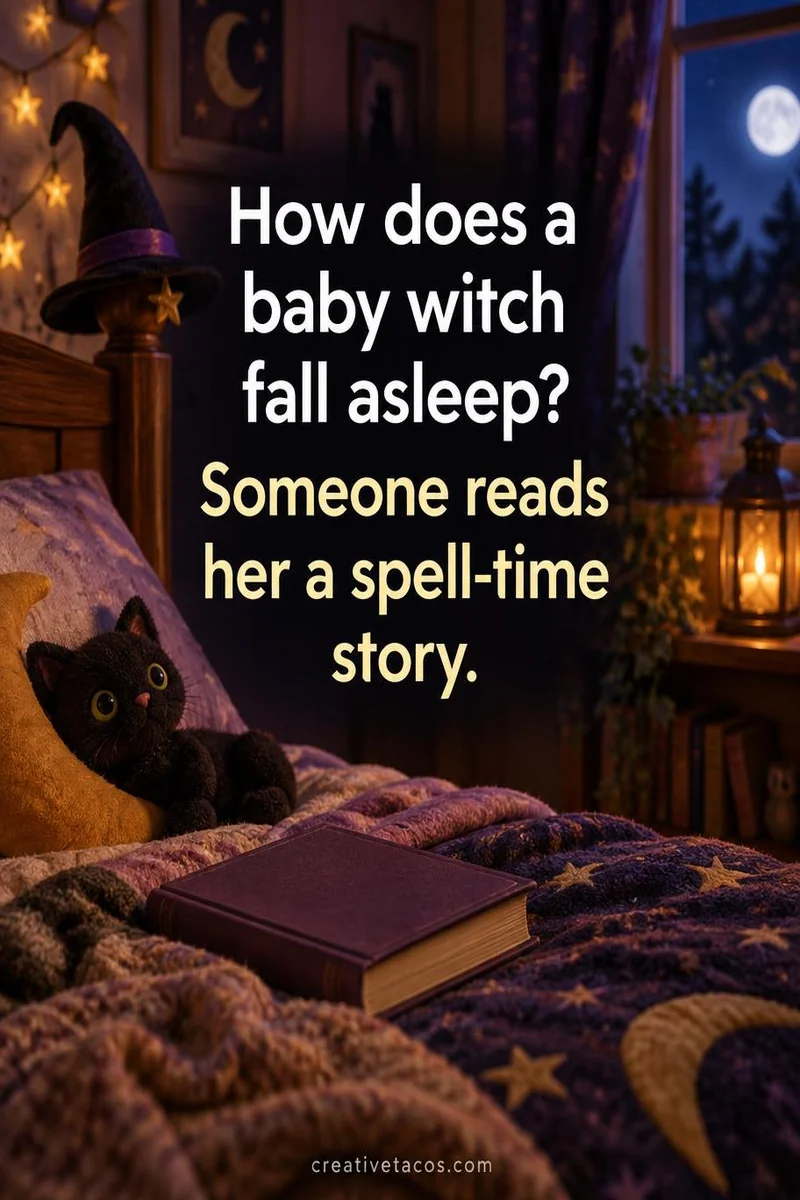 Quote card: How does a baby witch fall asleep? Someone reads her a spell-time story.