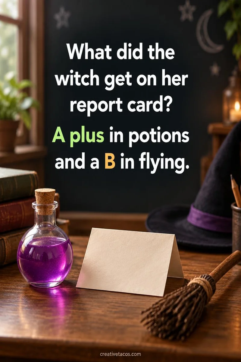 Quote card: What did the witch get on her report card? A plus in potions and a B in flying.