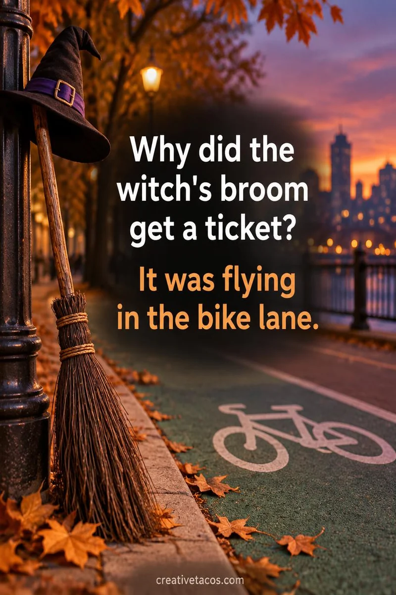 Quote card: Why did the witch's broom get a ticket? It was flying in the bike lane.