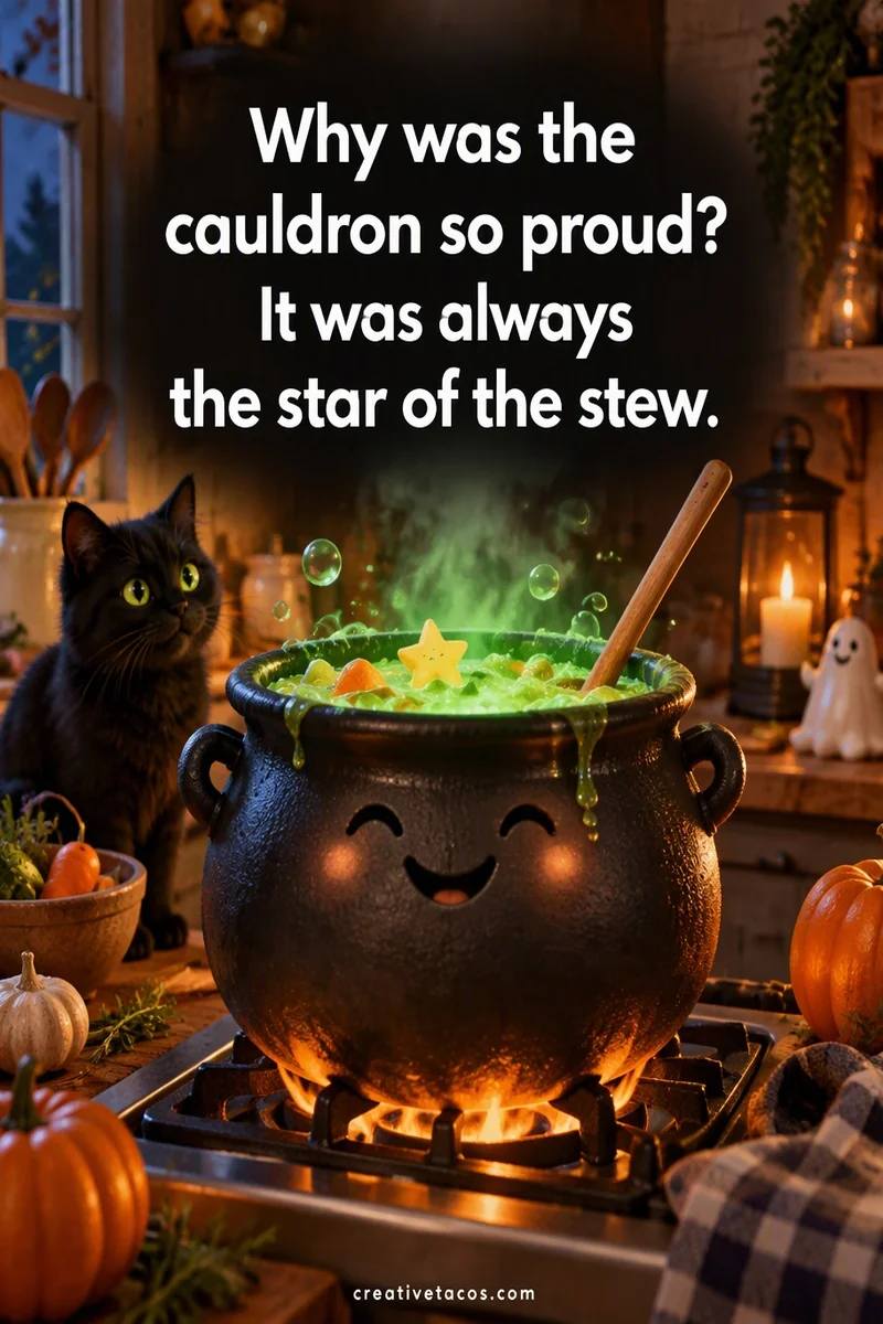 Quote card: Why was the cauldron so proud? It was always the star of the stew.