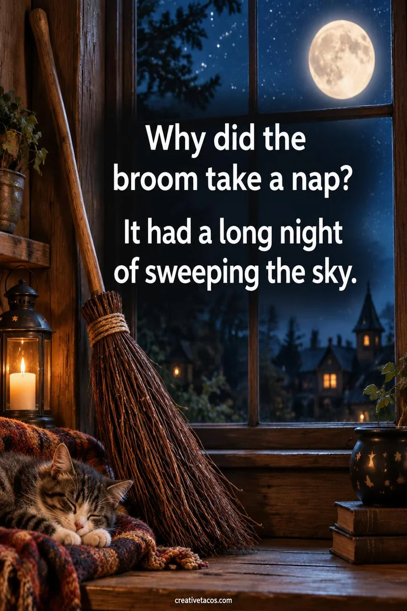 Quote card: Why did the broom take a nap? It had a long night of sweeping the sky.