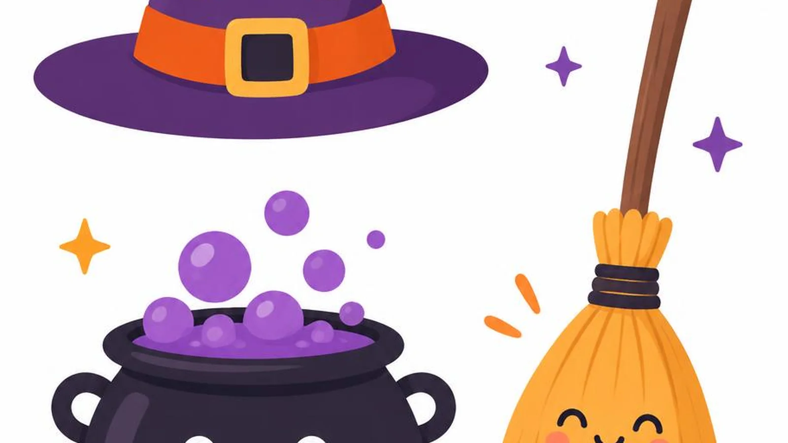 Clean illustration of a witch hat, broom, and cauldron on a white background for witch puns.